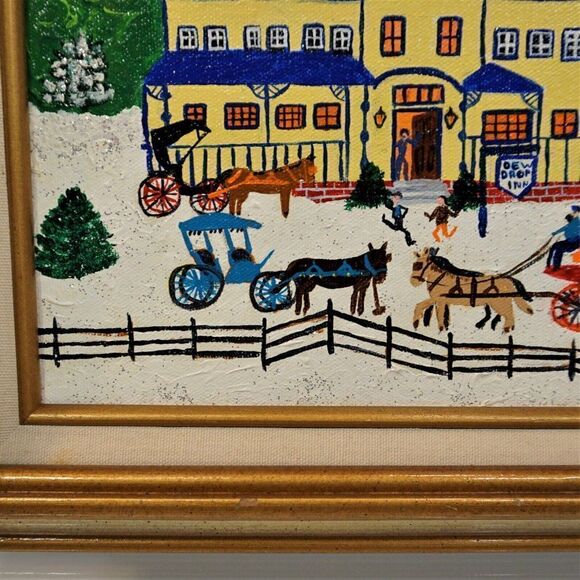 Folk Art Painting Naive Primitive Americana Vintage Art Naif Signed On Canvas - Picture 4 of 11